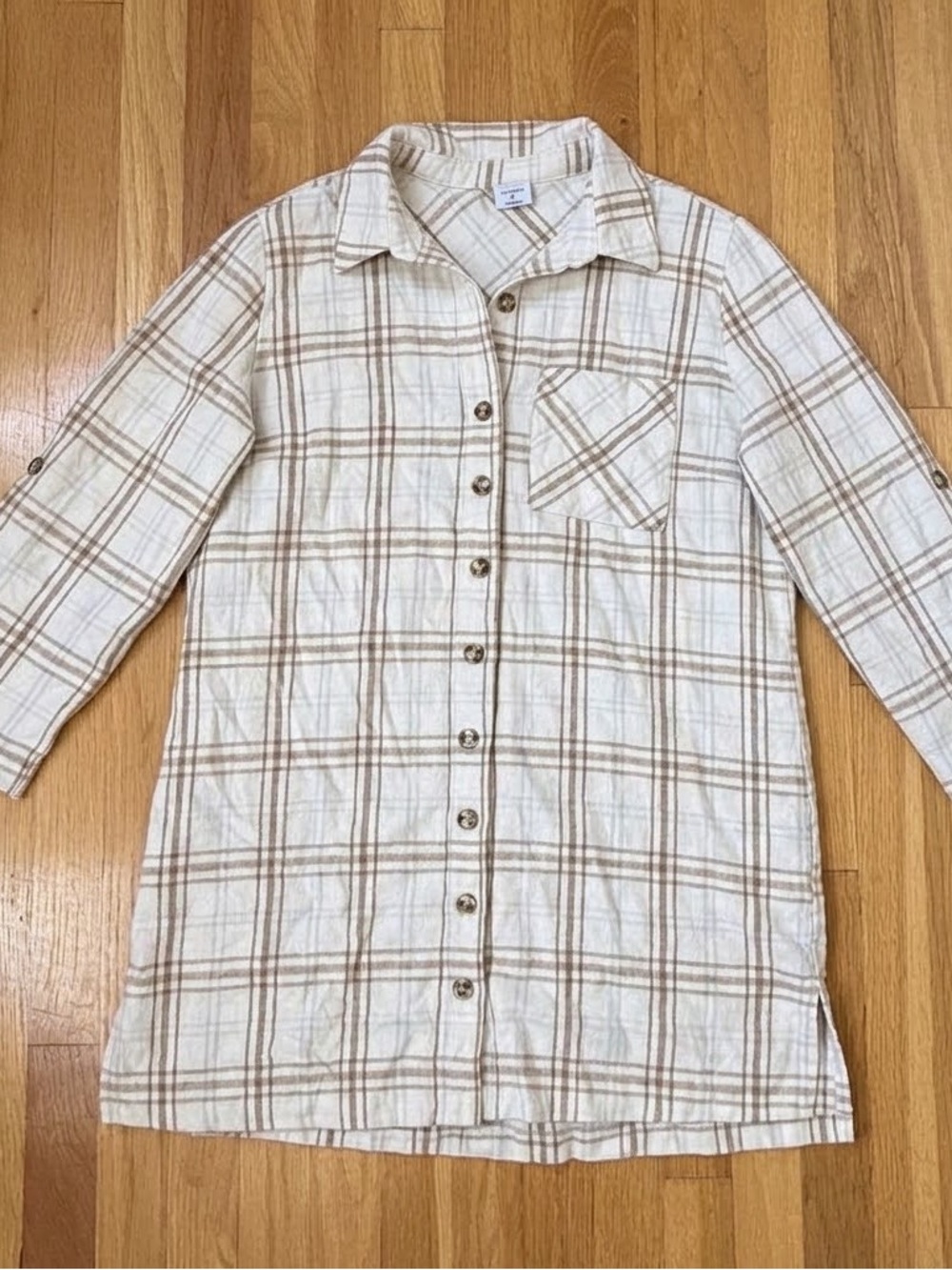Cozy Casual Cream and Tan Plaid Button-Front Shirt Jacket